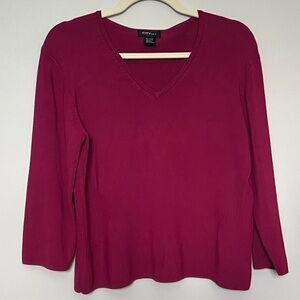 City Silk Stretch Dark Pink 3/4 Sleeve V-Neck Sweater, Size Large